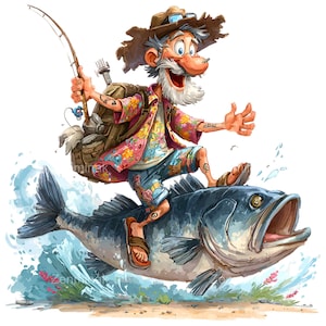 Può includere: Un'illustrazione stravagante di un pescatore anziano che cavalca un grosso pesce. Indossa una camicia floreale, pantaloncini e un cappello, tenendo una canna da pesca. Il pesce è blu, con acqua che schizza intorno. Il pescatore ha uno zaino e tatuaggi.