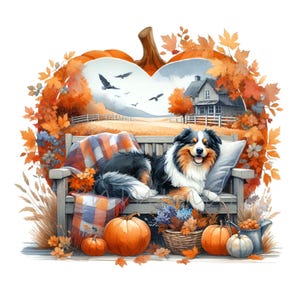 14 Clipart PNG di cane autunnale, cane felice su panchina con zucche, foglie autunnali, fattoria e paesaggio di campagna