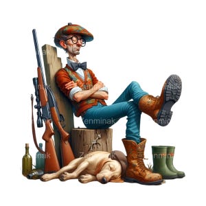 May include: A man wearing a brown hat and a red sweater sits on a wooden stump with his legs crossed. He is holding a rifle and a dog is sleeping at his feet.