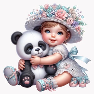 10 Baby mit Panda PNG Clip Art, Florale Hut Mädchen Illustration, niedliche digitale Kunst für Kinder Designs