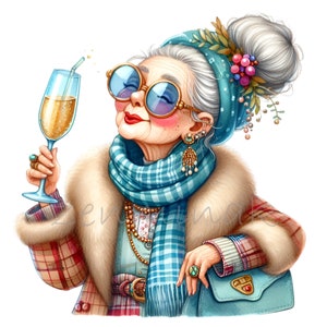 Lustige Oma trinkt Champagner Party Cartoon Illustration Clipart 14 PNG