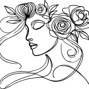 4 Floral Woman Line Art SVG - Elegante donna con design di rose - File di taglio digitale di fiori minimalisti per Cricut