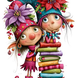 May include: Two whimsical elf-like characters with large eyes and pointed ears, wearing colorful hats adorned with large red and purple poinsettia flowers, standing beside a tall, vertical stack of eight multi-colored books with visible spines.