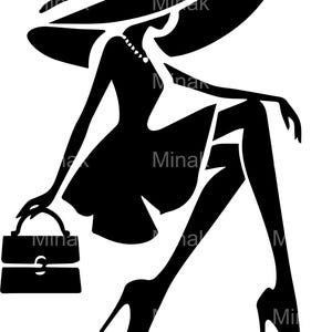 5 archivos SVG de corte de mujer elegante, silueta de mujer con tacones, sombrero y bolso, clipart femenino elegante para Cricut y proyectos de manualidades