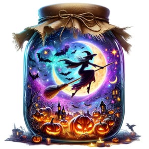 15 Halloween Witch Clipart PNG, scena di barattolo spettrale con zucche, strega volante, pipistrelli e luna, opera d'arte autunnale magica
