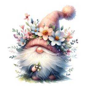10 imágenes PNG de gnomos de primavera con sombrero floral, flores y un adorable gnomo con barba en un diseño de jardín rosa y azul pastel.