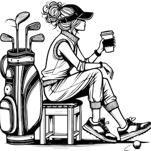 6 SVG シックなゴルフガール SVG カットファイル、ゴルフバッグのそばにコーヒーを飲みながら座っている漫画の女性、Cricut プロジェクト用のスポーティなファッション クリップアート