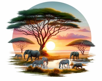 10 PNG Safari Sunset Clipart, African Savanna Animals Illustration, Elephant Zebra Scene, Wildlife Landscape