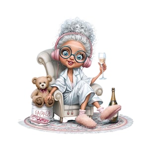 19 PNG Jolie dame âgée en pyjama PNG Clipart – Grand-mère drôle avec un casque, des chaussons, du champagne, style décontracté