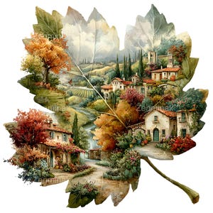 Peut inclure: Un autocollant découpé en forme de grande feuille d'érable présentant une peinture paysagère détaillée d'un village méditerranéen avec des maisons en pierre, des toits en terre cuite, des arbres d'automne, un chemin et des collines.