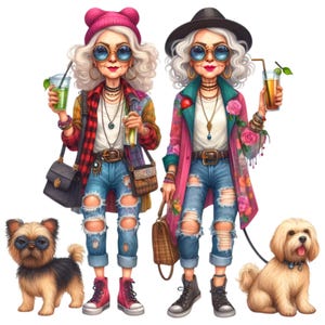 12 Trendy Senior PNG con Clip Art di Cani, Donne alla moda in abiti moderni PNG, Design digitale a tema moda stravagante