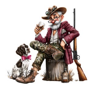 20 png PNGEgg: grappige jachtman: oudere heer met hond, whisky en geweer: humoristische clipart voor knutselontwerp buitenshuis