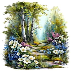 May include: A watercolor painting of a forest scene with birch trees, a stone path, and colorful flowers. White, blue, and purple flowers bloom along the path. The trees have white bark with black markings.