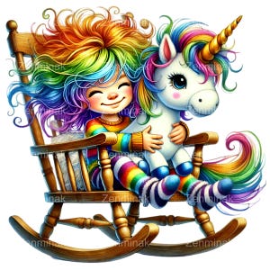 10 cliparts PNG fille arc-en-ciel - Enfant souriant, serrant la licorne dans ses bras sur une chaise berçante, vêtements rayés, cheveux colorés, fichier transparent