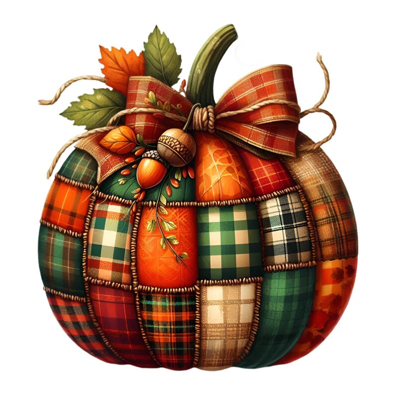 Puede incluir: Una calabaza de patchwork con un lazo de cuadros rojos y blancos y bellotas. La calabaza est&aacute; hecha de diferentes telas en tonos de verde, rojo, naranja y marr&oacute;n.