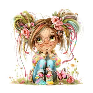 20 wunderliche Mädchen PNG Clipart, niedliche Kind mit Blumenhaar und Schmetterling, Fantasy Illustration, digitaler Download