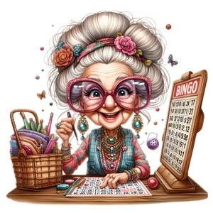 Senior Lady speelt bingo 12, grappige strip, cartoon, illustratie clipart, png