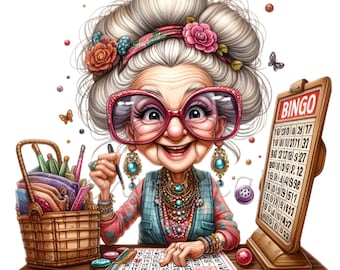 Senior Lady Playing Bingo 12 PNG Funny Comics Cartoon illustration clipart