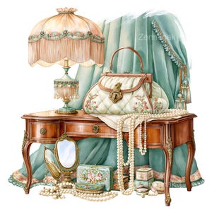 May include: A wooden vanity table featuring a lamp with a fringed shade, a quilted handbag with floral embroidery, strings of pearls, a small ornate mirror, and several decorative boxes, all set against a draped teal fabric backdrop.