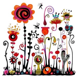 16 grillige bloementuin png – abstracte png-clipart – kleurrijke fantasiebloemen met ogen, beestjes en wervelingen voor eigenzinnige kunst en leuke ambachten