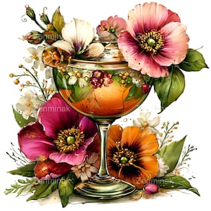 May include: A watercolor illustration of a cocktail glass filled with an orange-colored liquid, surrounded by vibrant flowers in shades of pink, orange, and white. The glass has a gold rim and stem, with green leaves and floral accents.