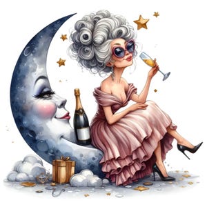 Elegante dama de la luna, 10 elegantes mujeres mayores brindando con champán, fondo celestial PNG, arte digital para invitaciones a fiestas