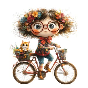 15 Clipart PNG di ragazza carina in bicicletta, ragazza stravagante con gli occhiali, fiori nei capelli, gatto nel cestino e vestito colorato