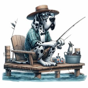 10 Dalmatian Fisherman PNG Clip Art - Funny Fishing Dog Cartoon - Rustic Dock Scene Digital Download