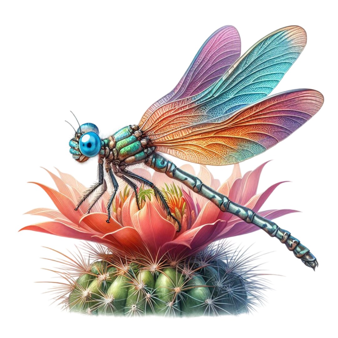 10 PNG Dragonfly Clipart – Colorful Insect on Cactus Flower ...
