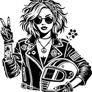 4 Biker Girl SVG Cut File - Simbolo della pace e design del casco - Illustrazione di una motociclista retrò per progetti Cricut