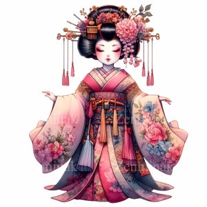 12 芸者着物 PNG クリップ アート、伝統的な日本のイラスト、エレガントな花柄の東洋デザイン