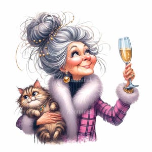 14 PNG élégante dame âgée avec chat et Champagne Clipart, grand-mère glamour PNG, illustration élégante de célébration, art drôle de femme âgée