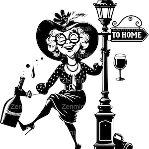 4 grappige dronken dame SVG-bestand knippen, vintage vrouw met wijn clipart, aangeschoten oma silhouet, humoristische retro digitale kunst