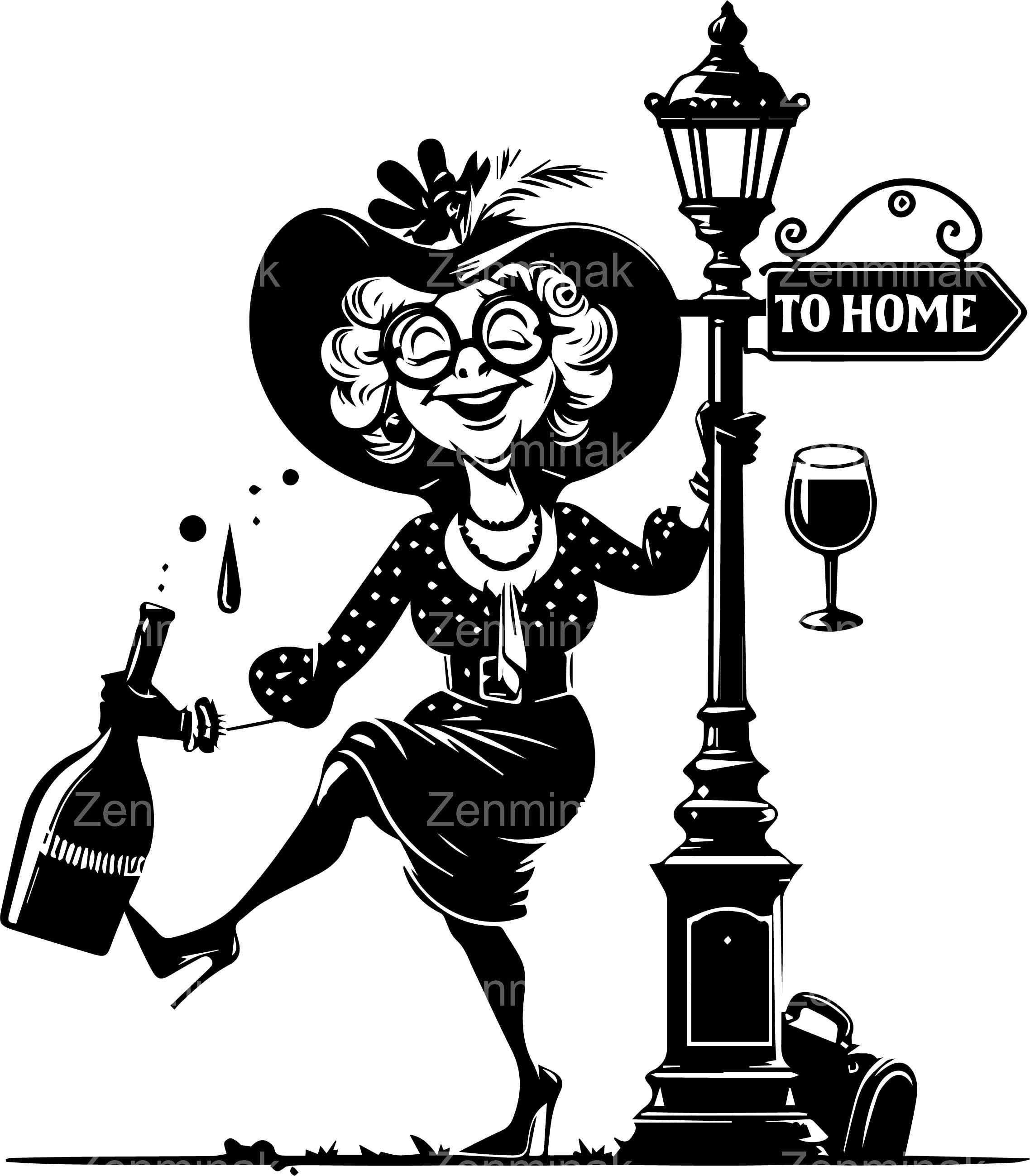 4つのSVG 面白い酔っ払い女性、ワインを持ったヴィンテージの女性