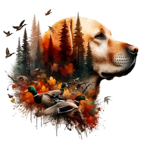 17 Double exposition chien et forêt PNG - Aquarelle, scène de chasse avec des canards et des arbres en automne pour la sublimation et l'art rustique