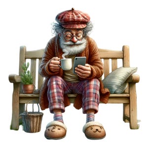 12 PNG Cute Elderly Man Clipart PNG – Pajamas, Slippers, Coffee, Phone, Sitting on Bench, Grandpa Cartoon, Whimsical Senior Art
