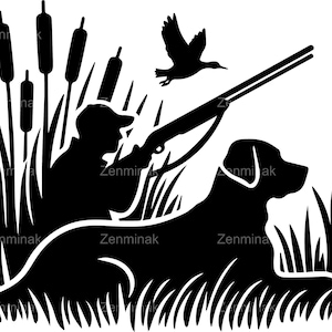 4 file SVG di caccia alle anatre - Cacciatore con cane in scena di palude - Silhouette di uccelli acquatici Clipart per artigianato all'aperto e decalcomanie in vinile