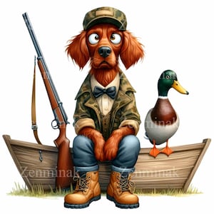 10 divertenti clipart PNG di cani da caccia, cane in giacca mimetica con anatra, fucile, stivali e barca di legno