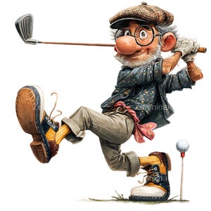 Puede incluir: Ilustración humorística de un golfista en acción. El personaje de dibujos animados, con gorra y gafas, balancea un palo de golf. La imagen presenta una bola de golf en un tee y zapatos detallados, capturando un tema deportivo lúdico.