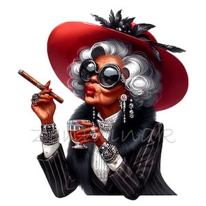 Clipart di una donna anziana sofisticata 15 PNG - Donna anziana affascinante con cappello rosso con sigaro e bevanda