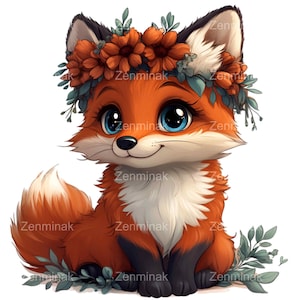 12 Clipart PNG di volpe carina, adorabile cucciolo di volpe con corona di fiori e grandi occhi azzurri in morbido stile acquerello