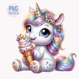 May include: A cute cartoon unicorn with a rainbow mane and tail is holding a colourful ice cream cone. The unicorn is wearing a flower crown and has sparkling blue eyes.