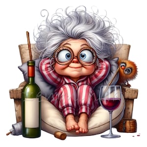15 PNG grand-mère drôle avec du vin - Clipart lunatique de dame âgée PNG en pyjama - Art de dessin animé décontracté pour des autocollants et des projets d'artisanat