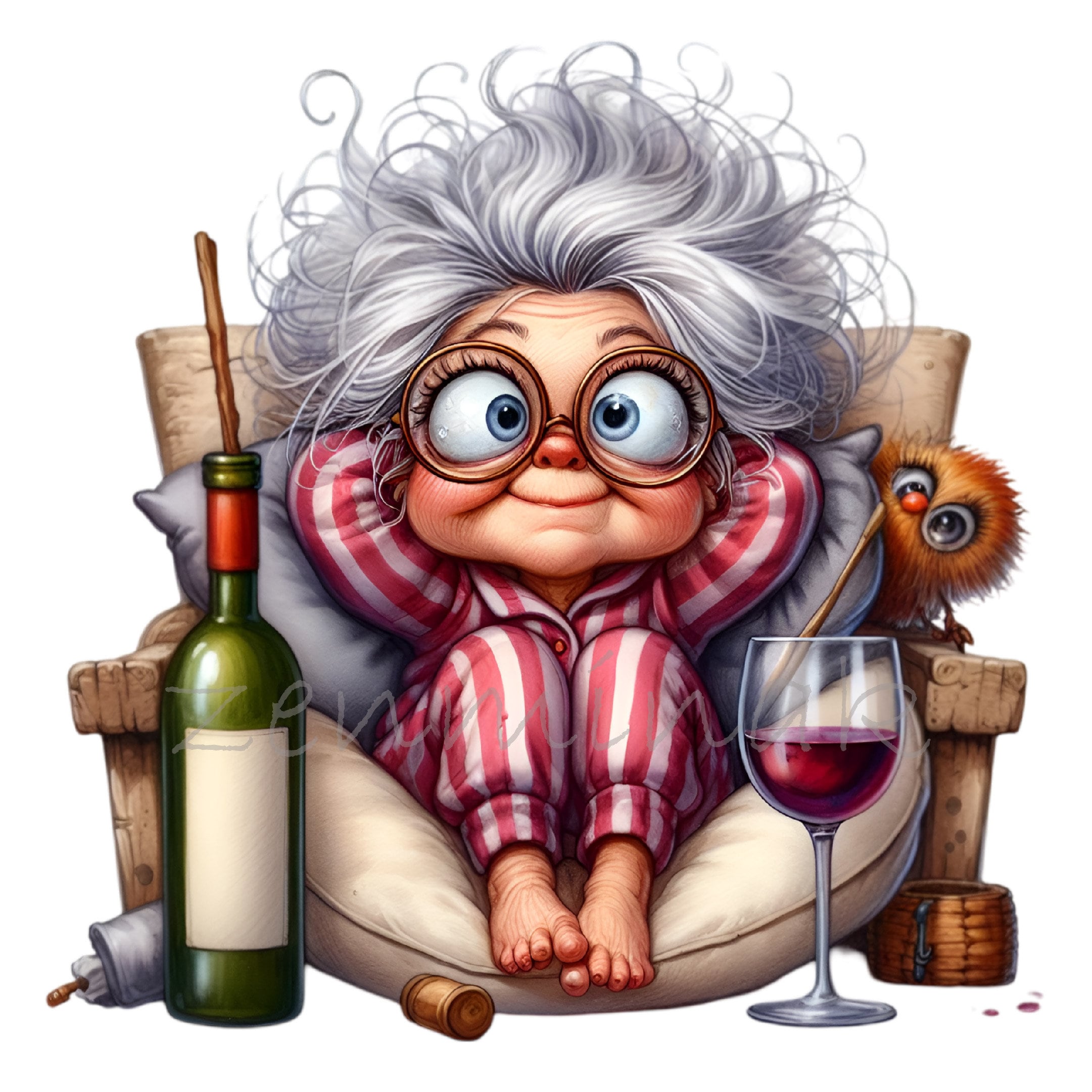 15 PNG Funny Grandma with Wine – Whimsical Elderly Lady PNG Clipart in Pajamas – Relaxed Cartoon Art for Stickers and Craft Projects