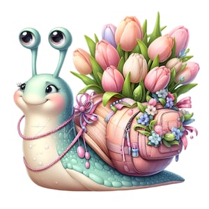 10 PNG di lumaca con tulipani PNG Clip Art - Illustrazione di conchiglia floreale carina - Design digitale della natura allegra
