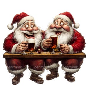 Clipart Père Noël PNG - 12 Jolly Santas appréciant de la bière ensemble - Illustration festive pour cartes et décoration
