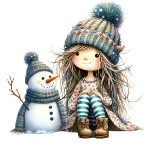 15 Winter Girl PNG Clipart, Ragazza carina con berretto con pupazzo di neve, collant a righe e scena di neve, design adesivo natalizio