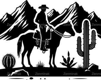 4 siluetas de jinetes occidentales en montañas y desiertos en formato SVG, vaqueros jinetes