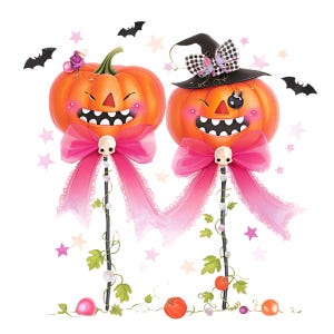 18 PNG Pink Halloween pumpkins – Cute spooky PNG – Funny jack-o’-lanterns with skull bows and witch hat for girly Halloween crafts