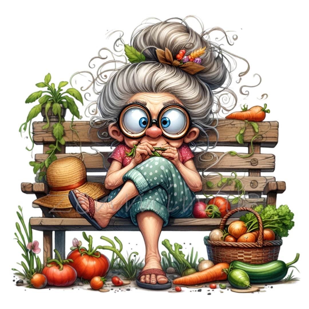 12 PNG Funny Gardening Lady Clipart – Grumpy Grandma on Bench With ...